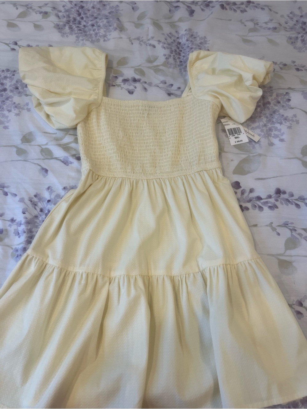 women’s light yellow Puff-Sleeve Smocked Bodice Dress